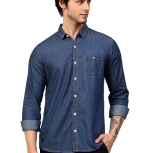 Mens Solid Denim Full Sleeves Slim Fit Spread Collar Casual Shirt with Double Pocket,KSMS-01-DENIMBLUE